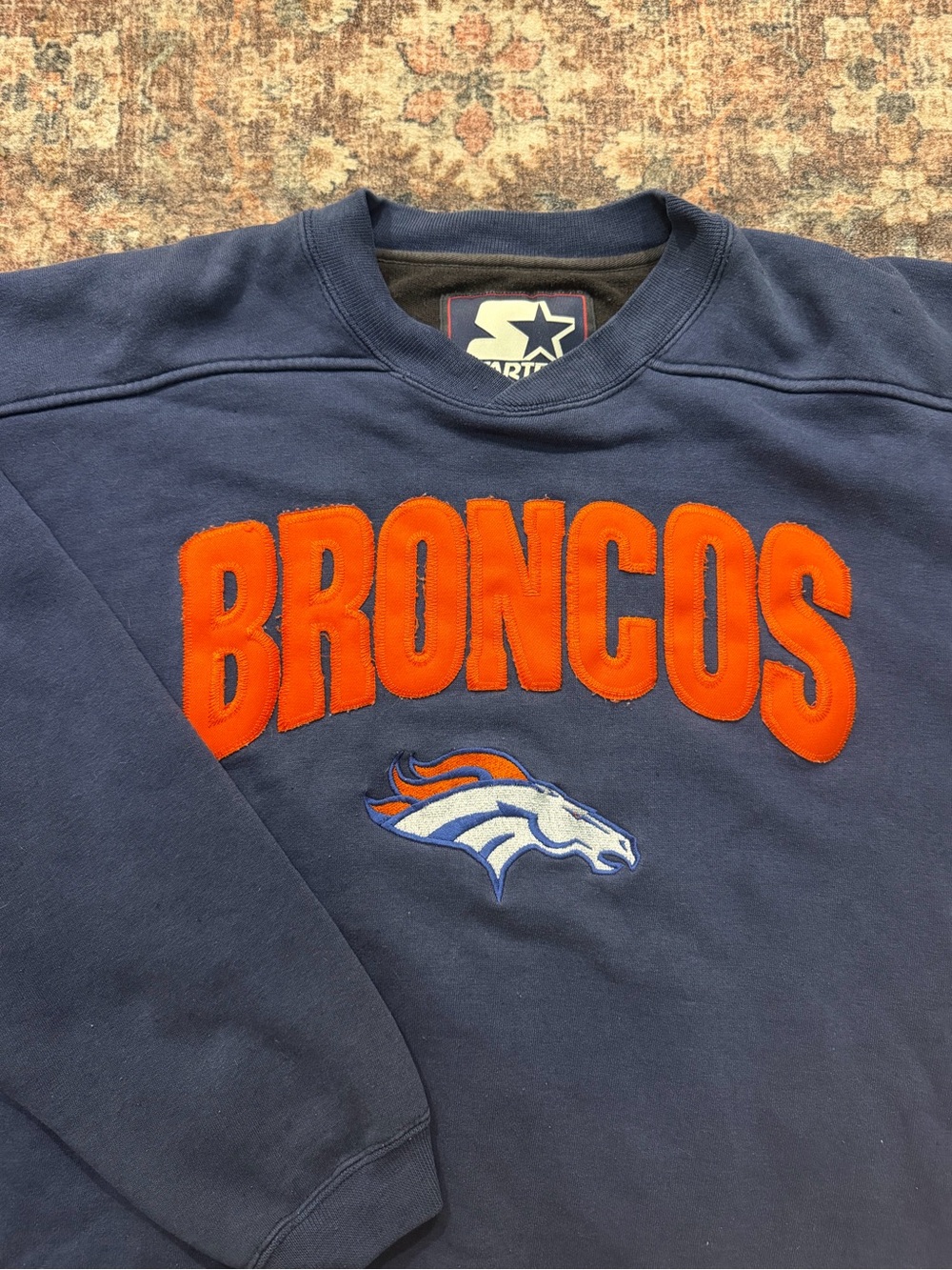 STARTER Navy Crewneck Sweatshirt with Orange BRONCOS Appliqué